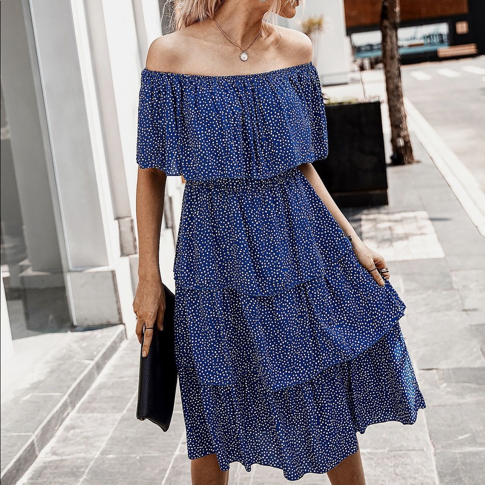 🔥Navy Blue Off The Shoulder Tiered Dress - Picture 3 of 6